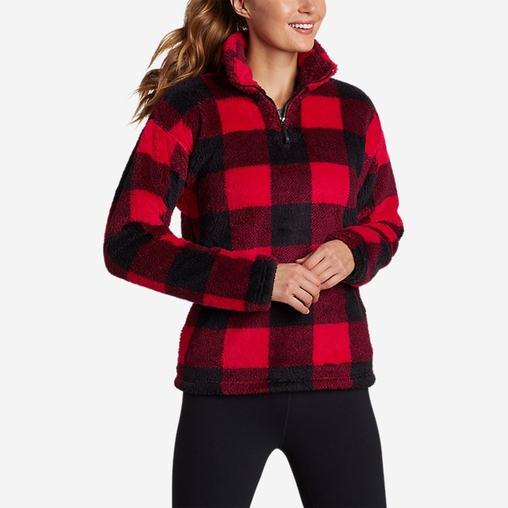 Eddie Bauer Women's Sherpa Fleece Plush 1/4-Zip Red & Black Buffalo Plaid Large